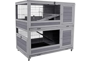 GEGURI 39" Wooden Rabbit Hutch 2-Story Bunny Cage Indoor Outdoor for Bunnies Guinea Pigs with 2 Trays, Trap Door, Wheels