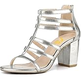 FSJ Women Chunky Mid High Heel Sandals Open Toe T-Strap Pumps Cutout Dress Party Prom Office Strappy Shoes Elastic Back Zipper Size 4-15 US