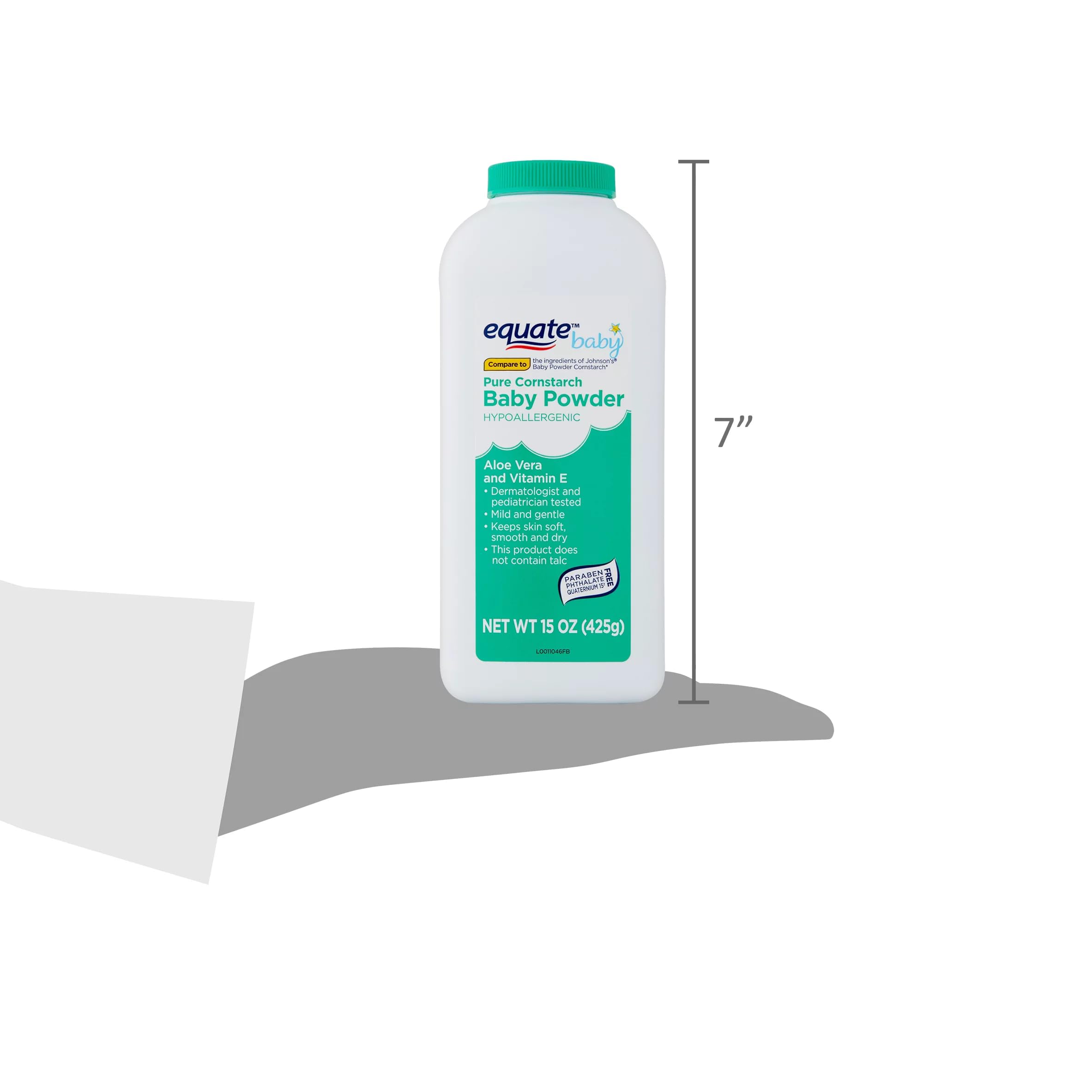 Pure Equate Cornstarch Baby Powder, Hypoallergenic, alloe Vera, Vitamin E, 15 oz Each, Pack of 2.