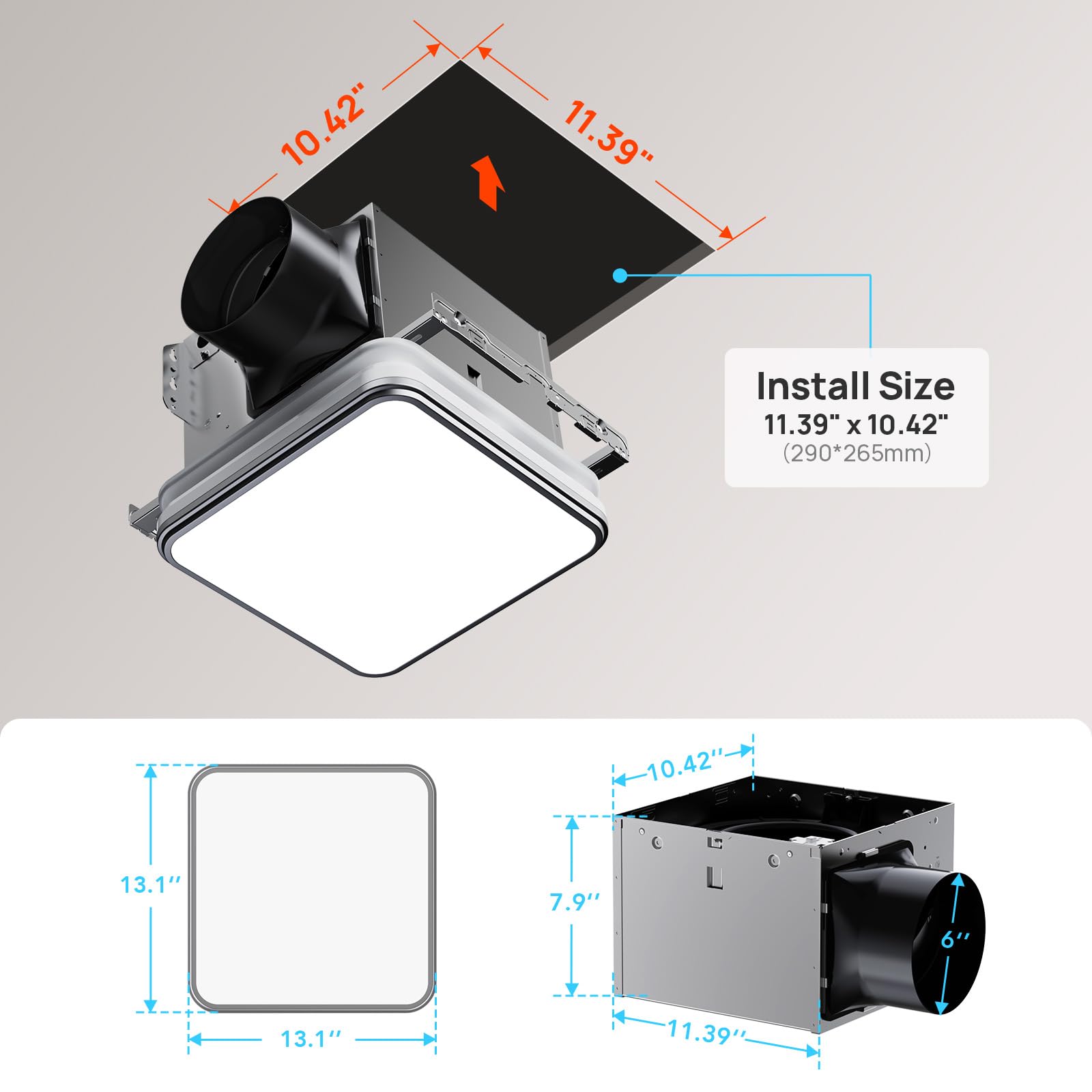 Consciot Bathroom Exhaust Fan with Light, 110/160 CFM Adjustable, 0.8/1.0 Sone, suitable for mounting hole 11.39 x 10.42 inches, Bath Ventilation Fan with 1500Lm LED Light 3CCT Selectable & Nightlight