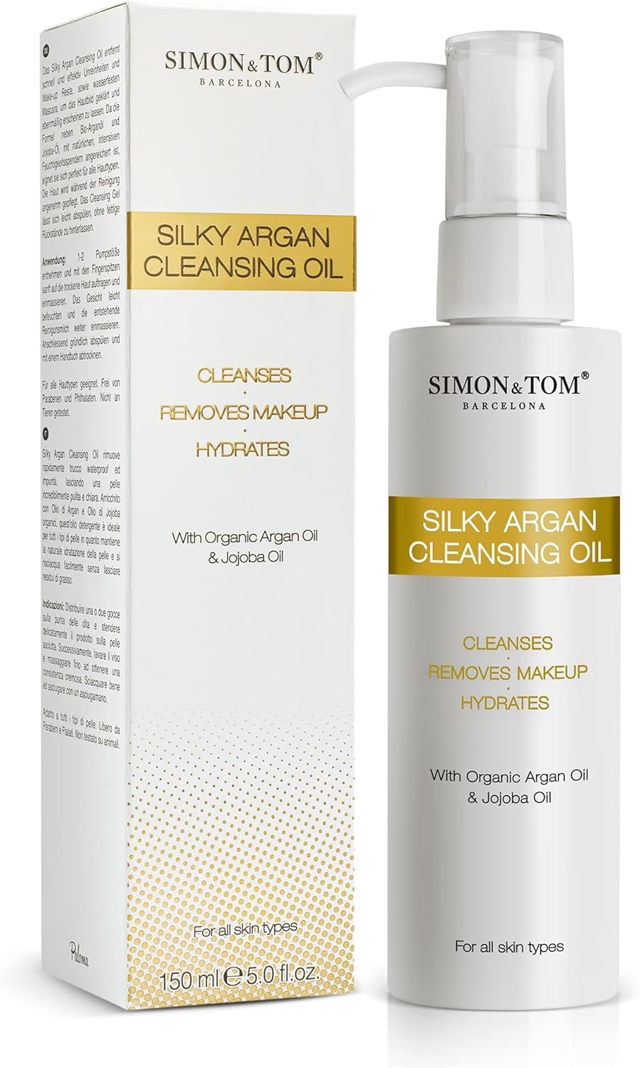 Simon&Tom 100% Natural Make-Up Remover, Full Concentrated Silky Argan Cleansing Oil, Deeply hydrating, For face, lips and eyes, With argan and sweet almond oils, 150 ml