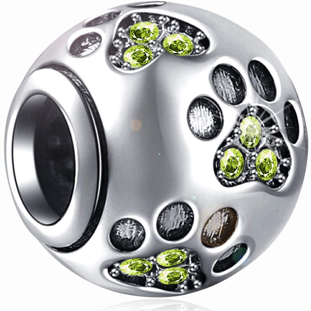 CHAWIN Jewelry Paw Prints Solid 925 Sterling Silver Charm with Green Crystal Designs Ball Shape European Style Beads and Charms