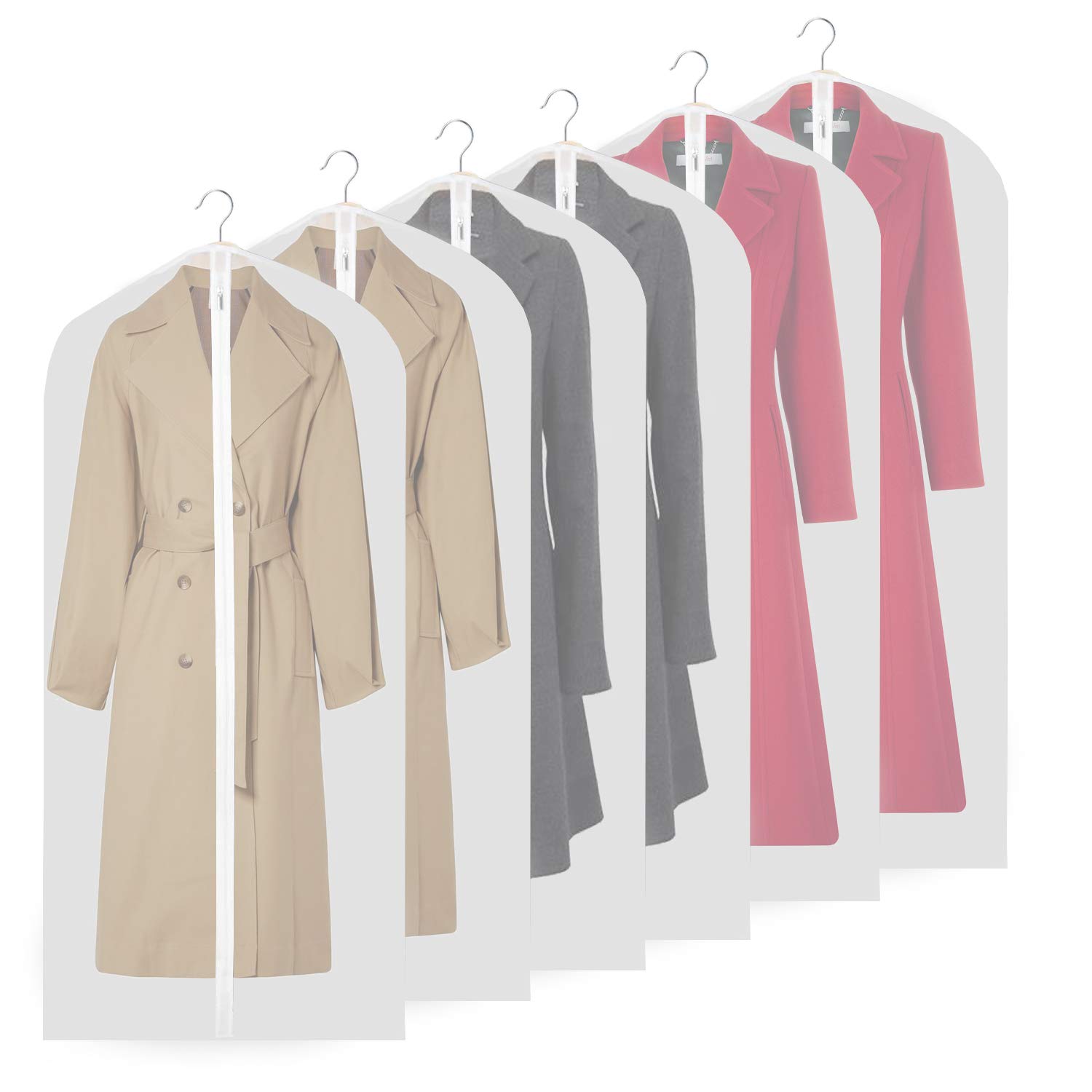 URMI Garment Bags Covers, 55" PEVA Coat Cover (6 PCS), Breathable Coat Suit Clothes Covers Waterproof Moth Proof Long Dress Covers with Long Zipper (6 pcs 60cm * 142cm)