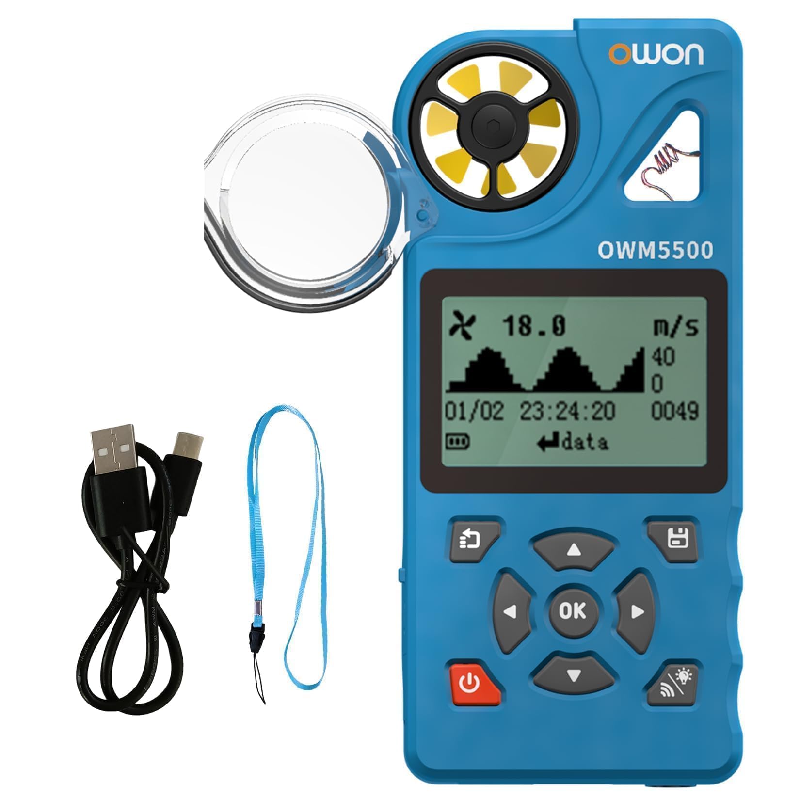 OWON OWM5500 Digital Anemometer: Handheld HVAC Tool for Comprehensive Measurement of Wind Speed, Air Volume, Temperature, Humidity, and More - Built-in Data Storage, USB Sync to PC, Chart Display