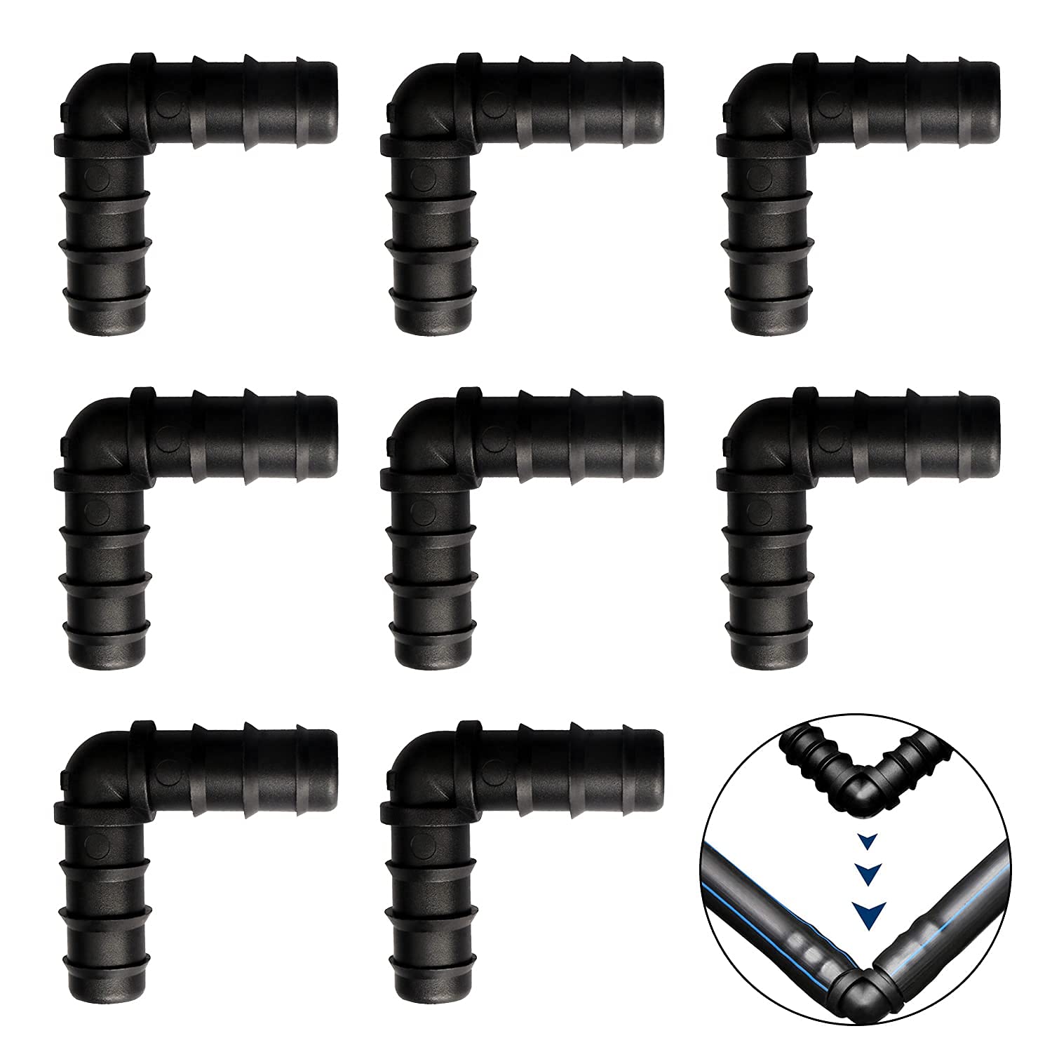 8 Pcs 13mm(1/2 Inch) Garden Barbed Connector, Plastic 90° Elbows Pipe Hose Drip Irrigation Connector Parts Irrigation Fittings Kit for Water Pipe Joints Watering System