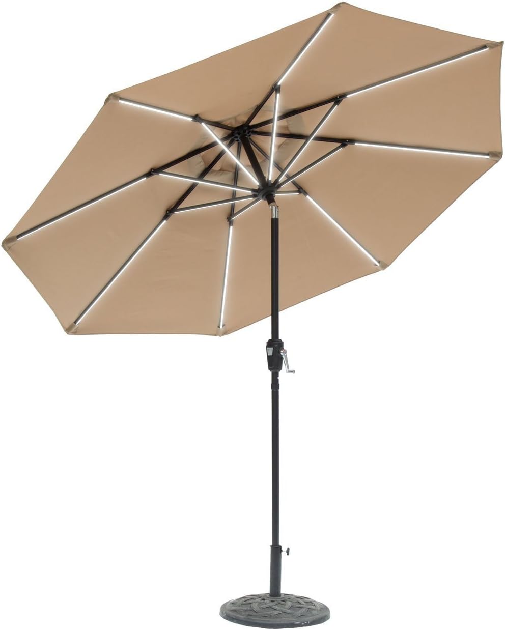 Amazon Com Sun Ray 811029 9 Round Next Gen 8 Rib Solar Patio Umbrella 32 Led Within Unique Strip Lighting Crank And Tilt Aluminum Frame Taupe Beige Garden Outdoor