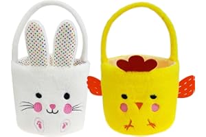 Dearsun Set of 2pcs, Dia 7.9" * H 15.7", Adorable Plush Bunny&Chick Baskets Easter Buckets Easter Egg Hunting Basket Party Supplies Eggs Gifts Storage