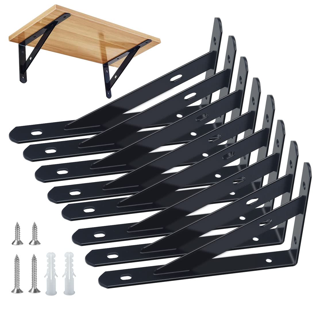 Shelf Brackets Heavy Duty Triangle Shelving Brackets Right Angle Wall Mounted Shelf Supporters Easy to Install Wall Bracket for Shelf，Accessories Included, Black 6 inches 8 Pack