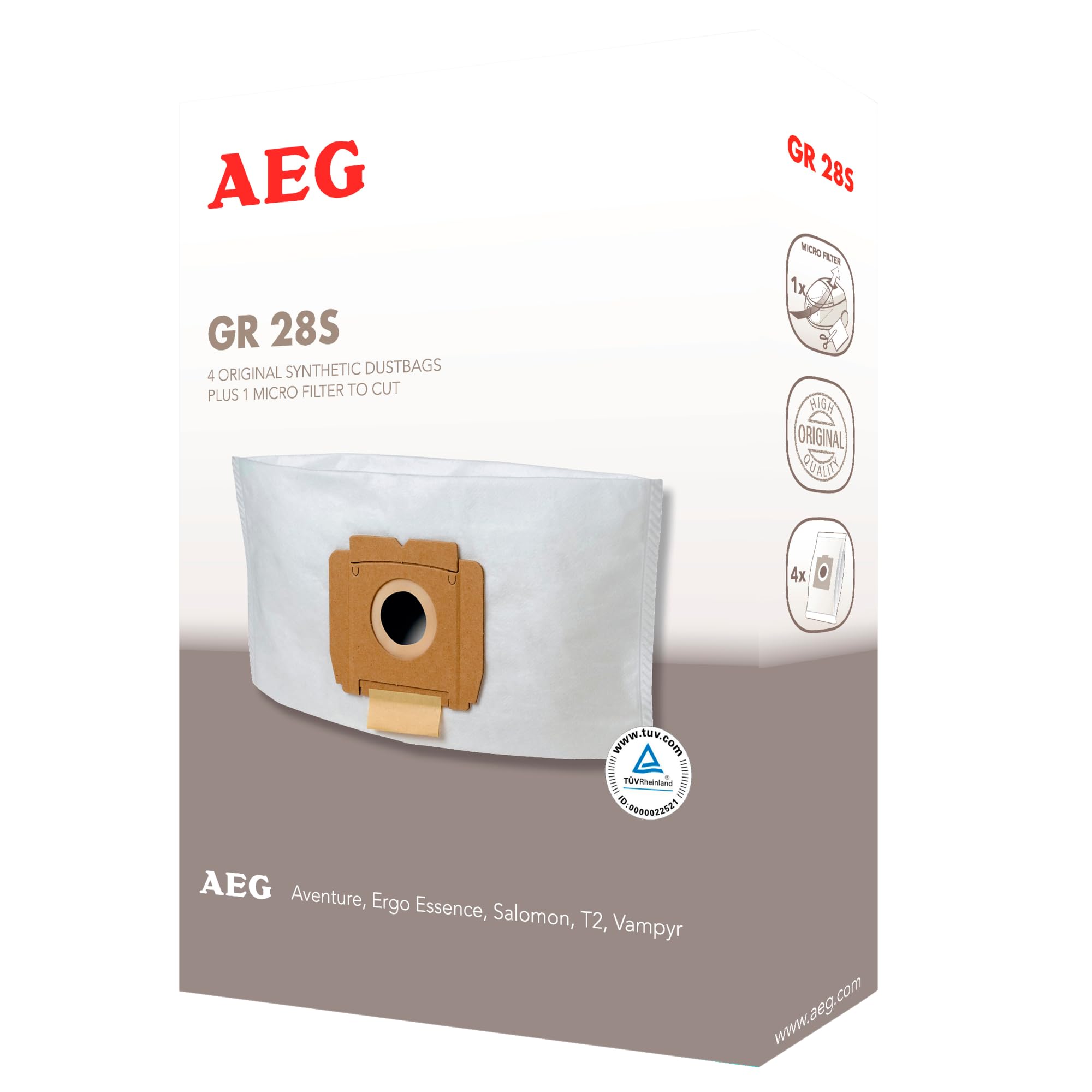 AEG GR28S - Synthetic Vacuum Cleaner Bags, Size 28S, Pack of 4 + 1 Micro Filter, 50% Longer Life than Paper Bags, 15% Higher Capacity with Side Fold, Durable Design for Strong Suction, White