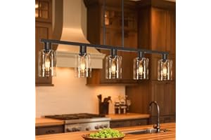 DSMJFU DSMJFU 5-Light Kitchen Island Light, Black Dining Room Light Fixture Over Table, Farmhouse Linear Pendant Lights Kitchen Island with Glass Shade, Chandeliers for Pool Table, Sink, Bar, Height Adjustable