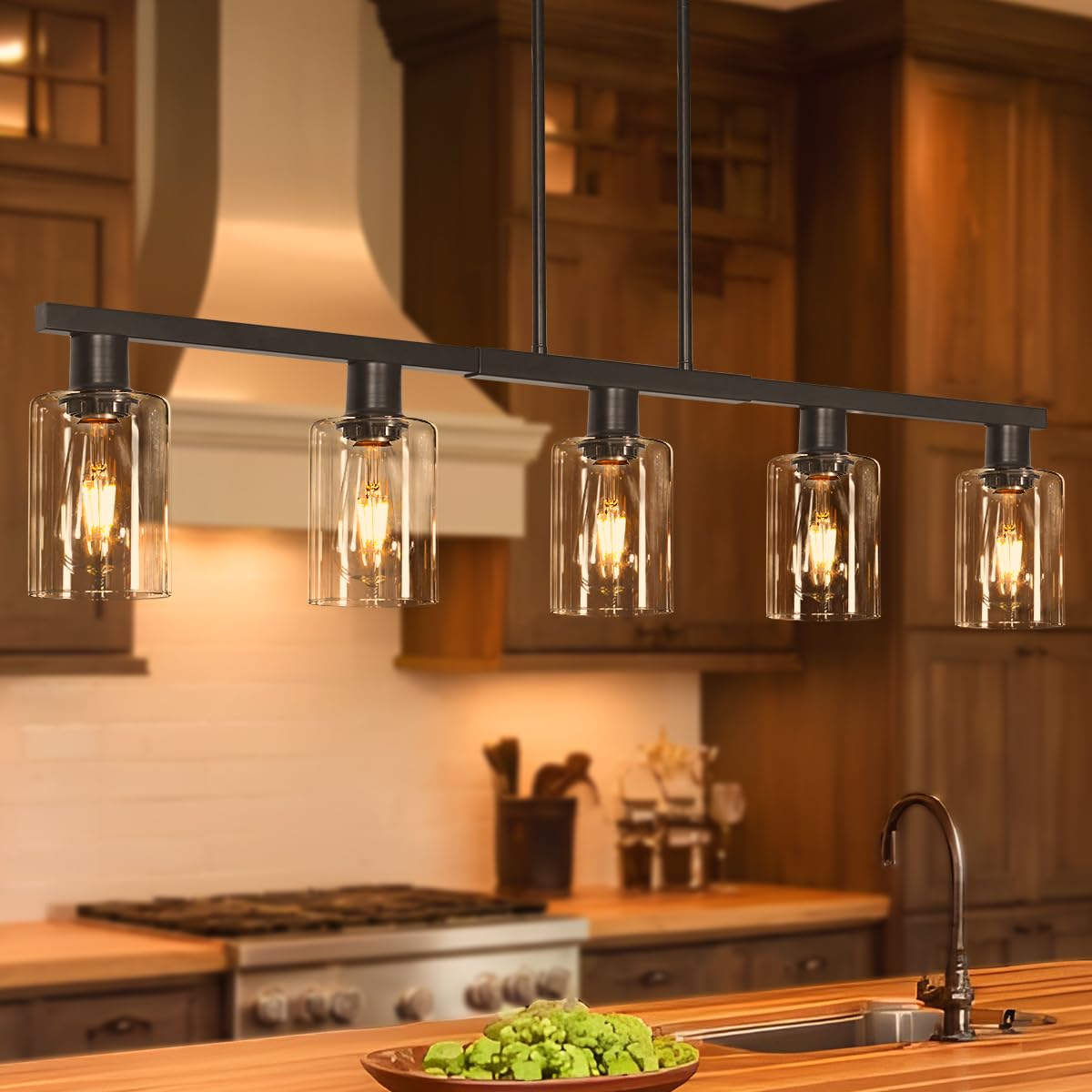 Photo 1 of 5-Light Kitchen Island Light, Black Dining Room Light Fixture Over Table, Farmhouse Linear Pendant Lights Kitchen Island with Glass Shade, Chandeliers for Pool Table, Sink, Bar, Height Adjustable