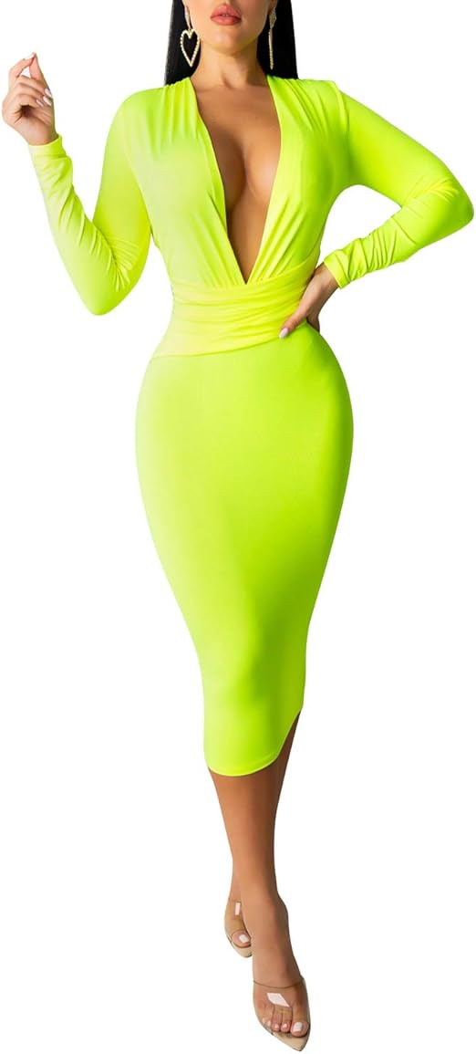 Women's Zipper Dress Deep V Neck Long Sleeve Stripe Printed Bodycon