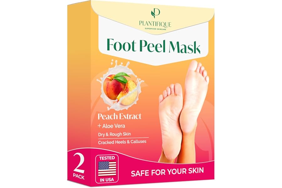 PLANTIFIQUE Foot Peeling Mask 2 Pack | Dermatologically Tested Repairs Heels & Removes Dry Dead Skin for Baby Soft Feet | Exfoliating Foot Peel Mask for Dry Cracked Feet | Peach