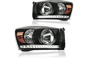 DimFlux LED DRL Headlight Assembly Headlights Kit Compatible with 2006-2008 Dodge Ram 1500/2006-2009 Ram 2500 3500(Fits Models with Halogen Headlamps Only) Headlamp Black Housing Amber Reflector
