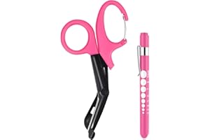 MOVOCA Pen Light for Nurses & Medical Scissors, LED Penlights with Pupil Gauge, 7.5" Bandage Scissors EMT Trauma Shears with Carabiner for Doctor and Nurses (Hot Pink Shears+Pink Penlight)