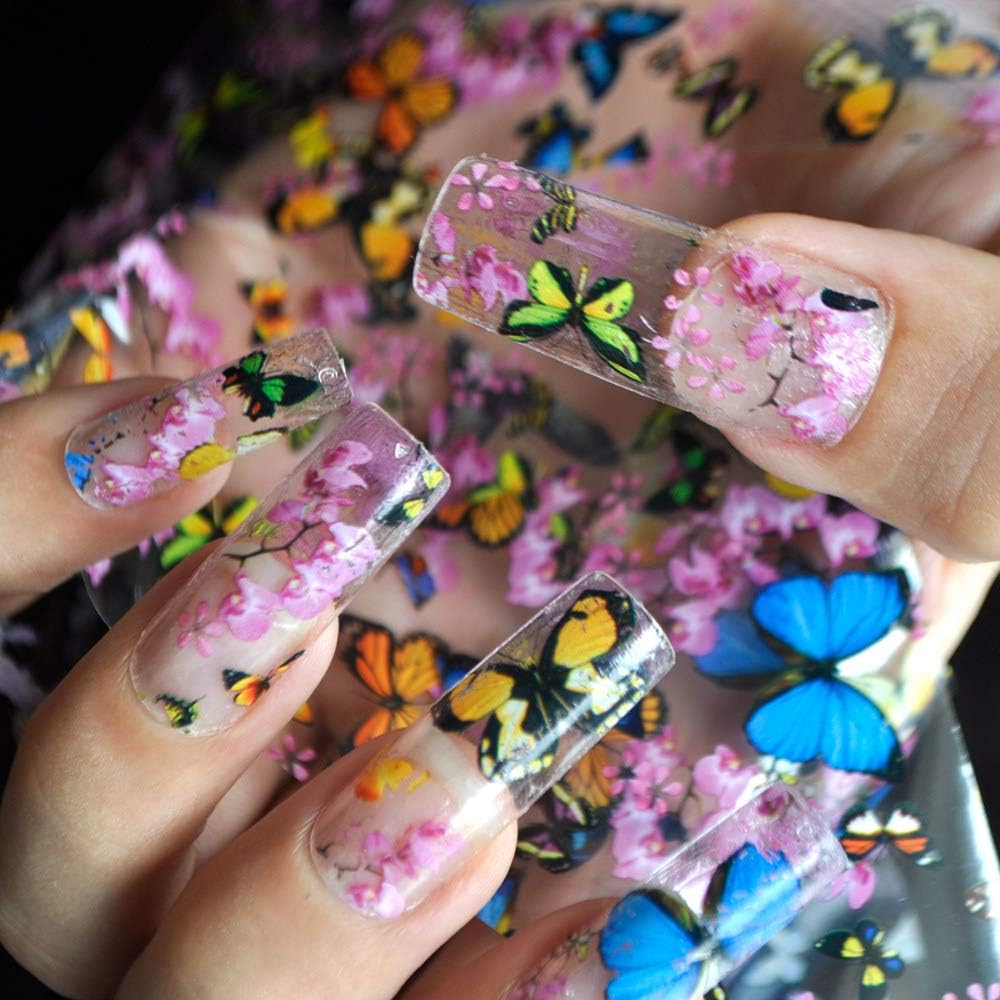 Amazon Com Nail Art Transfer Foil Stickers Decorations Decals Plastic Nail Tools Colorful Flying Butterflies Begonia Flowers Design No Glue 653 Kitchen Dining