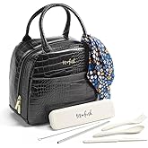 Fit & Fresh Lyon Modern Lunch Bag With Travel Utensils For Women, Insulated Womens Lunch Bag For Work, Leakproof & Stain-Resistant Large Lunch Box For Women, Faux Croc Leather, Black