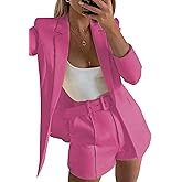 Tcremisa Blazer Shorts Set for Women 2 Piece Long Sleeve Open Front Blazers Short Suits Business Outfits with Belt