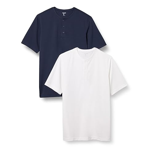 Amazon Essentials Henley Shirts for Men, Short Sleeve, Quick-Dry Jersey, Regular-Fit, 2-Pack, Dark Navy/White, X-Small