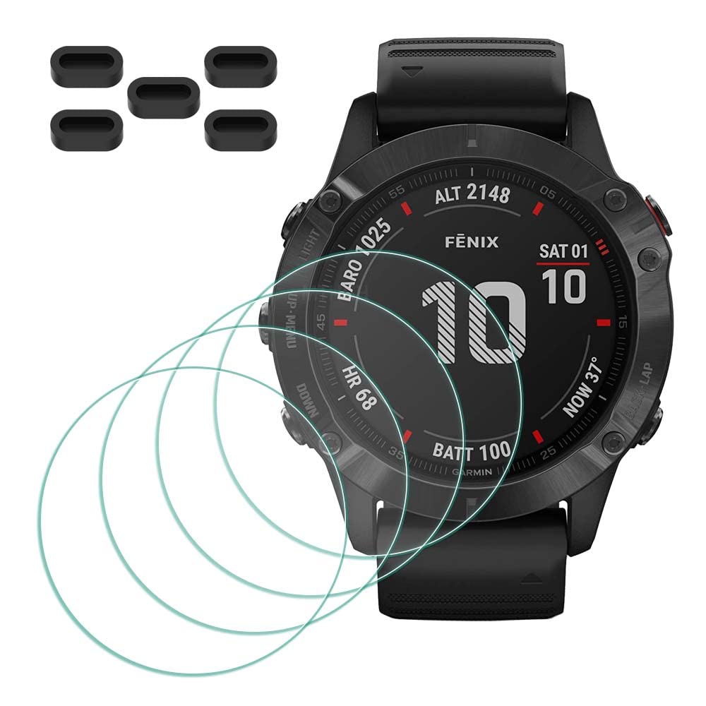 MTHGH Screen Protector for Garmin fenix 6X/ 6X Pro/ 6X Pro Solar Smartwatch [4 Pcs] + Anti-dust Plugs 5Pcs, Tempered Glass 9H Hardness Bubble Free Film Ultra-Thin Protective Cover