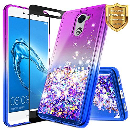 NageBee [Glitter] Case Compatible with Huawei Ascend XT 2 (H1711) /Huawei Elate 4G LTE w/[Tempered Glass Screen Protector] Liquid Quicksand Waterfall Flowing Sparkle Shiny Bling Cute Case -Purple/Blue
