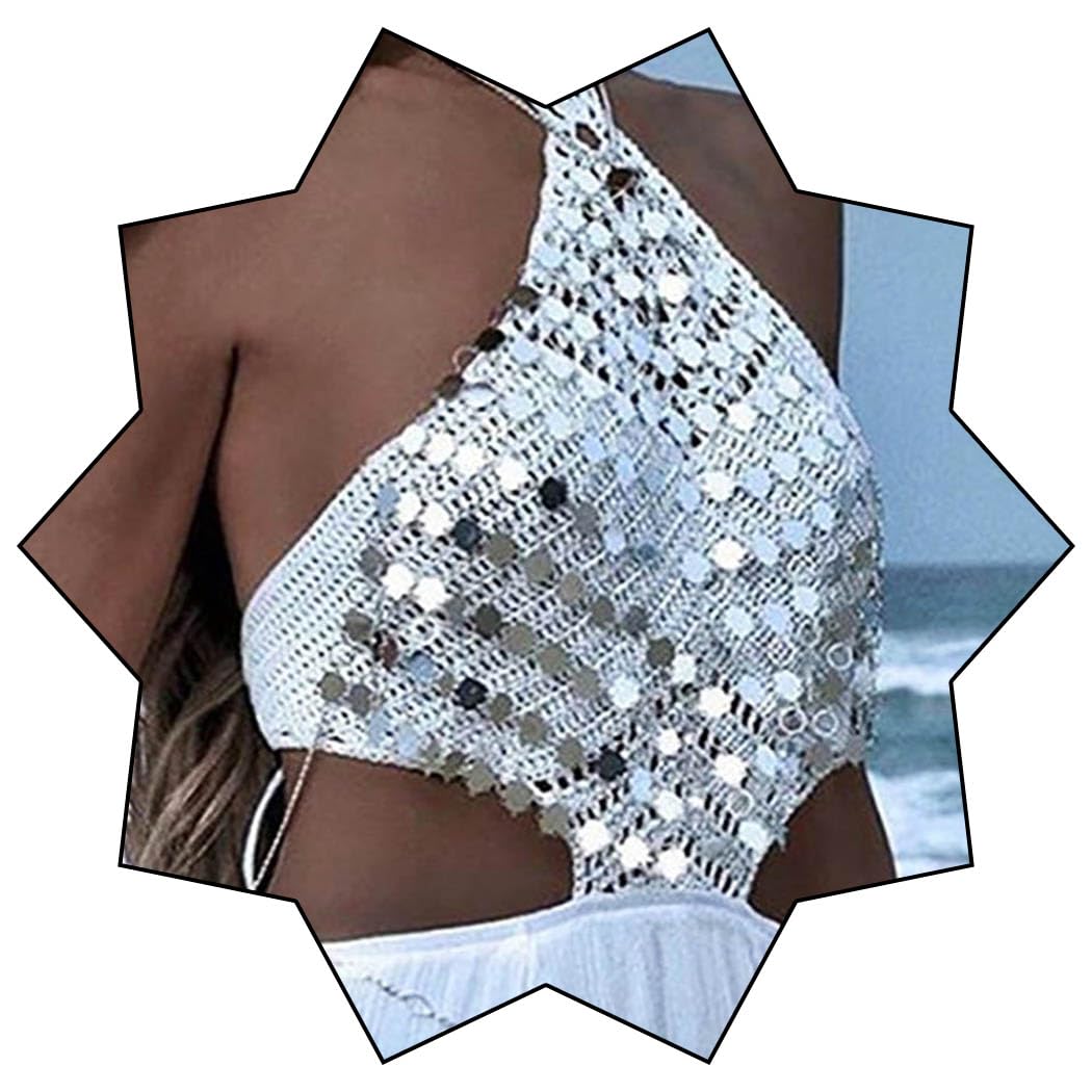 IYOU Women Boho Body Chain Silver Sequin Chest Chains Crops Top Bra Chains Acessories for Summer Beach Bikini Party Nightclub (Silver)