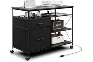 WASAGUN 2 Drawer Fabric File Cabinet, Rolling Printer Stand with Charging Station and 4 Open Storage Shelves, Mobile Lateral 