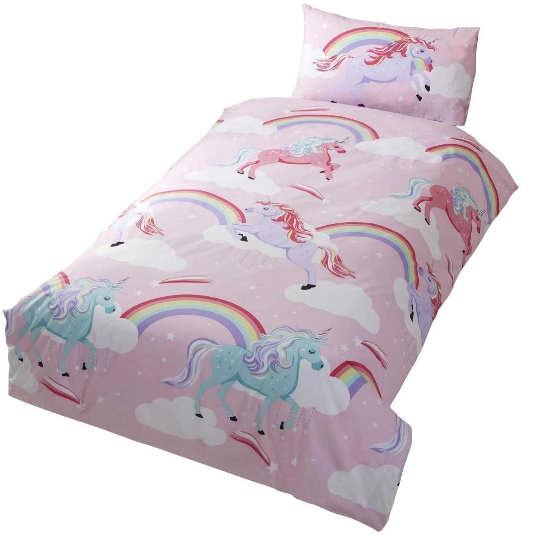 Rapport Home My Little Unicorn Toddler Cot Duvet Cover Set for Girls - Pink Polycotton Kids Bedding with Matching Pillowcase (120x150cm) Oeko-Tex Certified