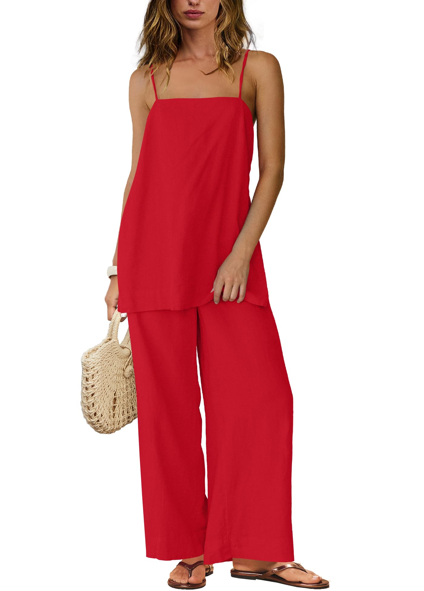 Photo 1 of Yanekop Linen Sets for Women 2 Piece Pants Summer Outfits Matching Lounge Sets Spaghetti Strap Tank Top Pants Sets(Red,XL)