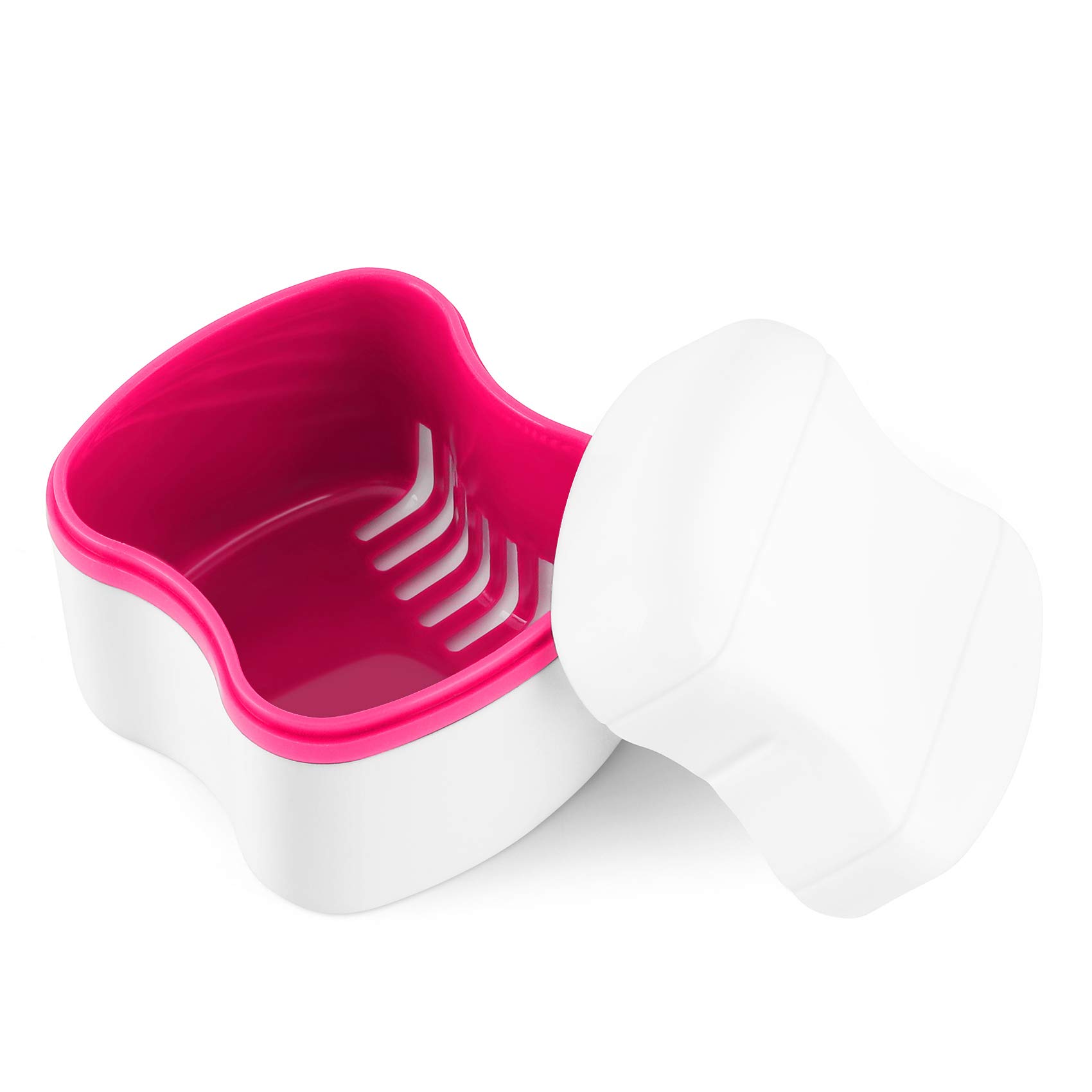 Annhua Denture Box Plastic Retainer Case with Draining Basket, Large Denture Bath for Soaking and Cleaning Dentures, Portable Retainer Box for Outdoor and Travelling - Pink
