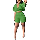 Fooullaide Womens Summer 2 Piece Outfit Set Crop Top Butterfly Sleeve Short Set Sexy Beach Vacation 2pc Sets