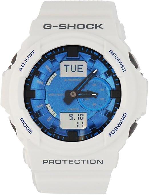 white and blue g shock watch
