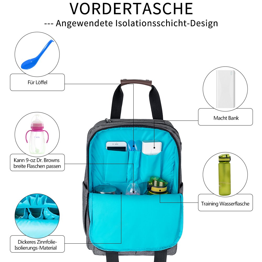 LUKATU Wickeltasche Rucksack, Organizer Multi-Funktions-wasserdichte Anti-Diebstahl-Reisetaschen für Mama / Papa mit Kinderwagen Straps, Wickelauflage & isolierte Taschen für Baby Care-große Kapazität, langlebig und stilvoll (grau)