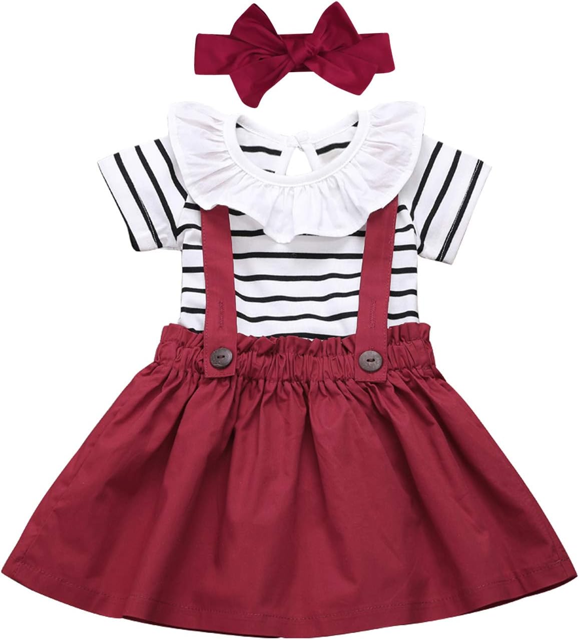 Toddler Girls 3pcs Black White Stripes Floral Ruffle Tops Jumpsuit + Suspender Skirt Set