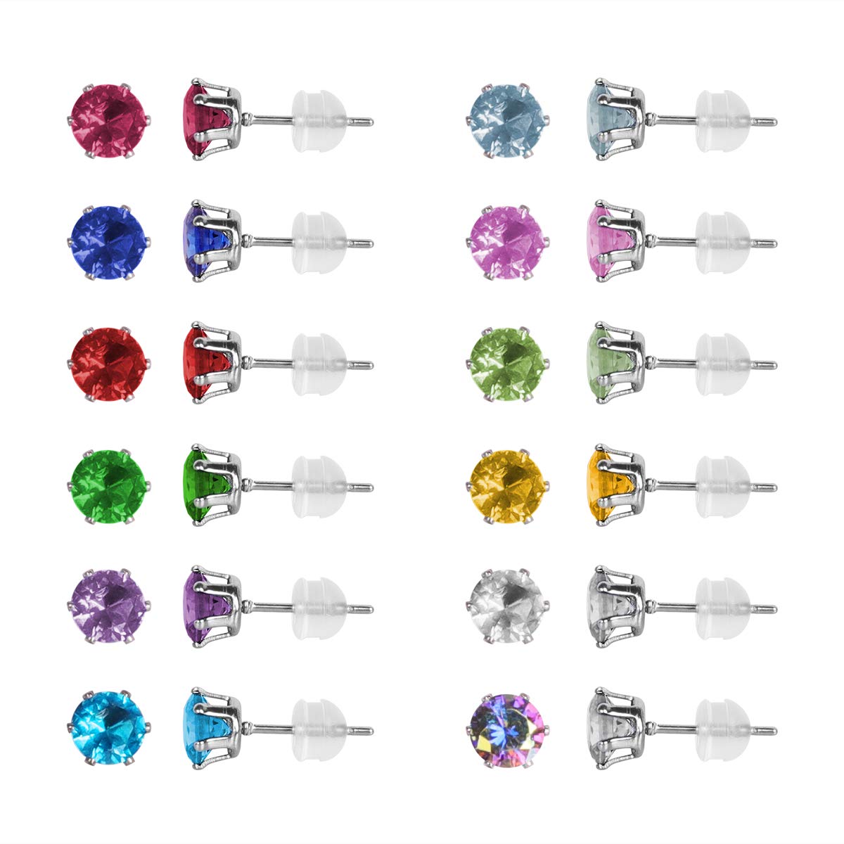 12 Pairs Stainless Steel CZ Stud Earrings for Women, Brilliant Cut Round Cubic Zirconia Stud Earrings, Birthstone Stud Earrings Set with Soft Clear Silicone Earring Backs 3mm, Crystal, Cubic Zirconia