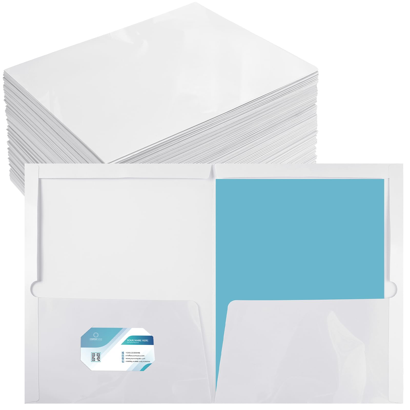 Photo 1 of Yeaqee 100 Pack 2 Pockets Glossy Laminated Paper Folder First Day of School Presentation Folder Letter Size Two Pocket File Portfolio Holder Back to School Items Bulk for Teacher Office (White)