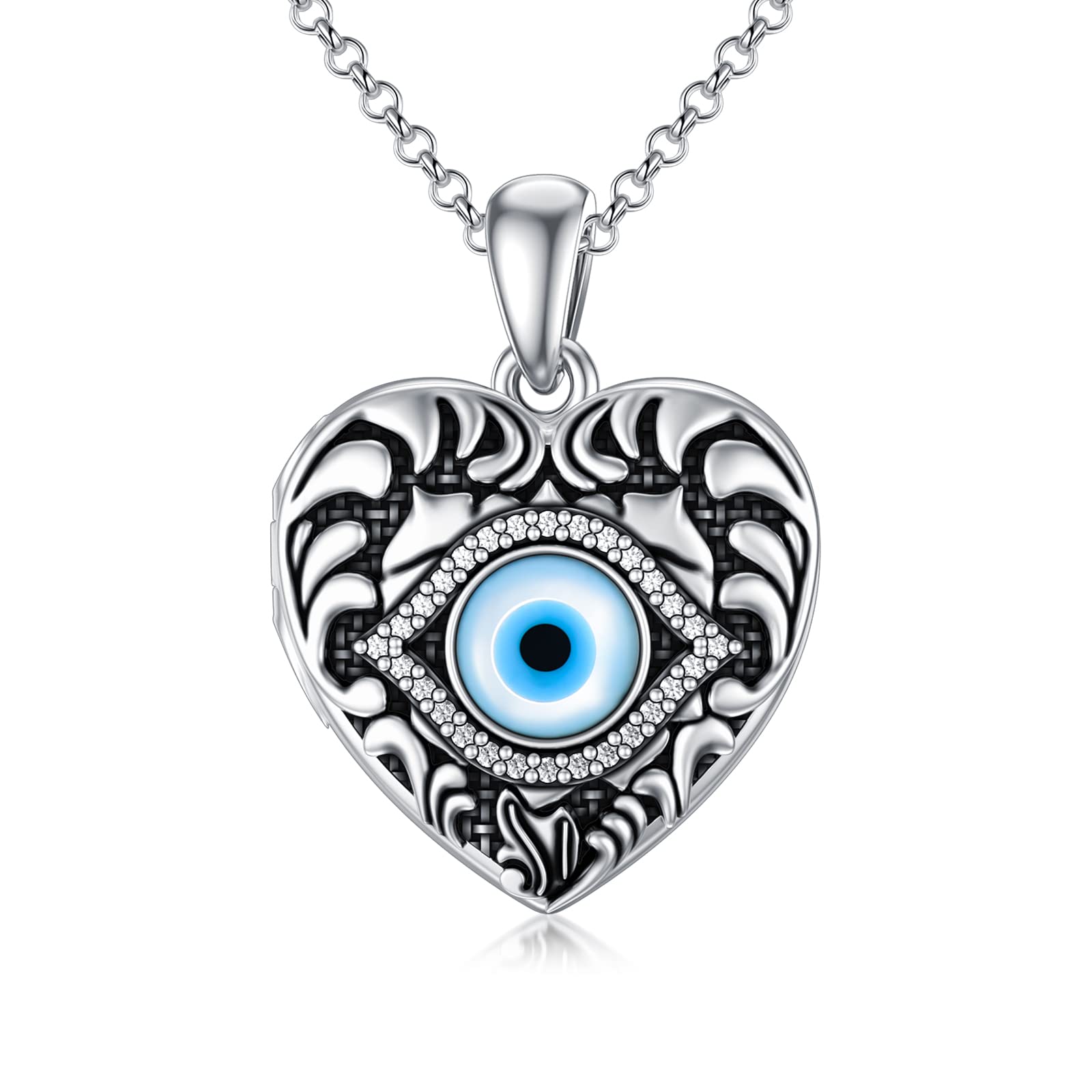 SOULMEET Sterling Silver Heart Shaped Evil Eye Locket Necklace That Holds Pictures Photo Personalized Locket Necklace