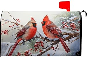 Kcozydecor Winter Red Bird Mailbox Covers Magnetic Standard Size 18"" X 21"",Holly Berry Branches Snow Mailbox Wraps Post Letter Box Cover for Christmas Holiday Garden Yard Decor