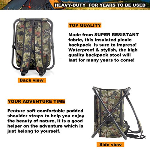 ROMANTICIST Heavy Duty Picnic Backpack Stool with Cooler & Tableware - All-in-1 Folding Backpack Chair with Insulated Bag for 2 Person - Ideal Camping Gift for Beach Fishing Sporting Hiking Outdoor