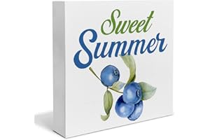 HEIJIE Summer Blueberry Art Wood Box Sign Desk Decor Sweet Summer Wood Block Sign Decor for Home Kitchen Shelf Wall