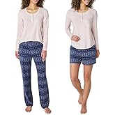 Eddie Bauer Women's 3-Piece Waffle Knit Pajama Set (Pink, Large)