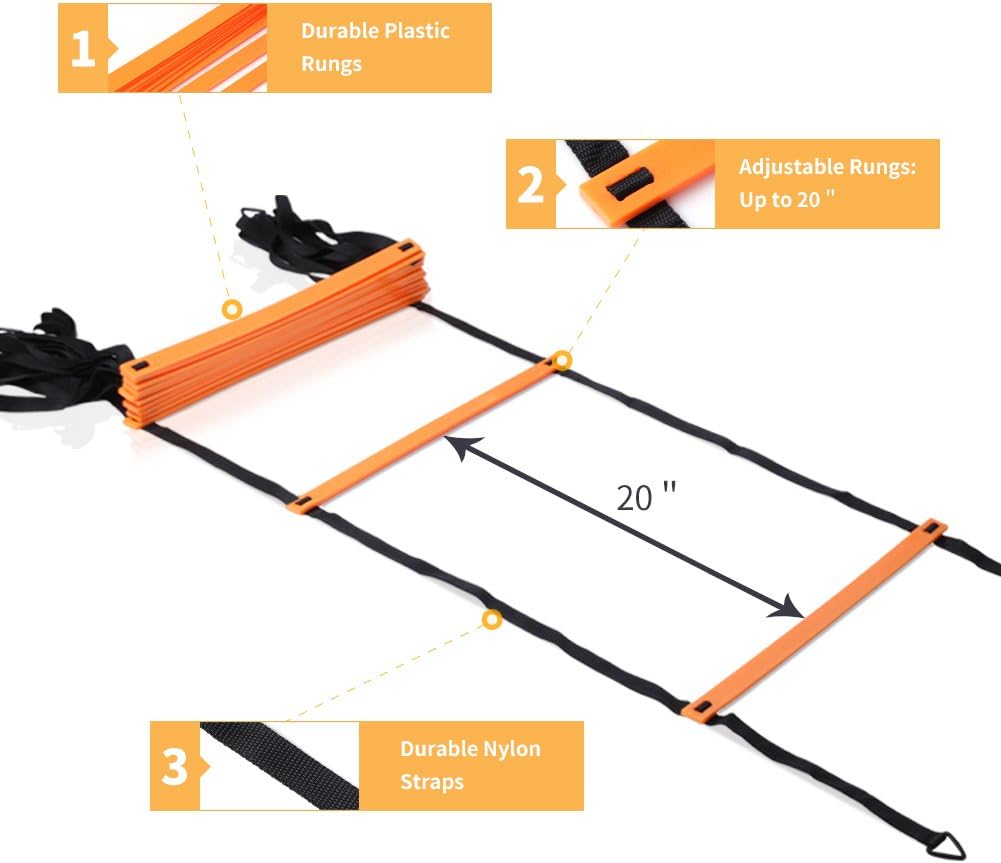 YISSVIC Agility Ladder and Cones 20 Feet 12 Adjustable Rungs Fitness Speed Training Equipment, 20 Feet Speed Agility 1 Carry Bags, 10 Cones, 4 Stakes, Basketball, Soccer, Football (Orange) : Sports & Outdoors