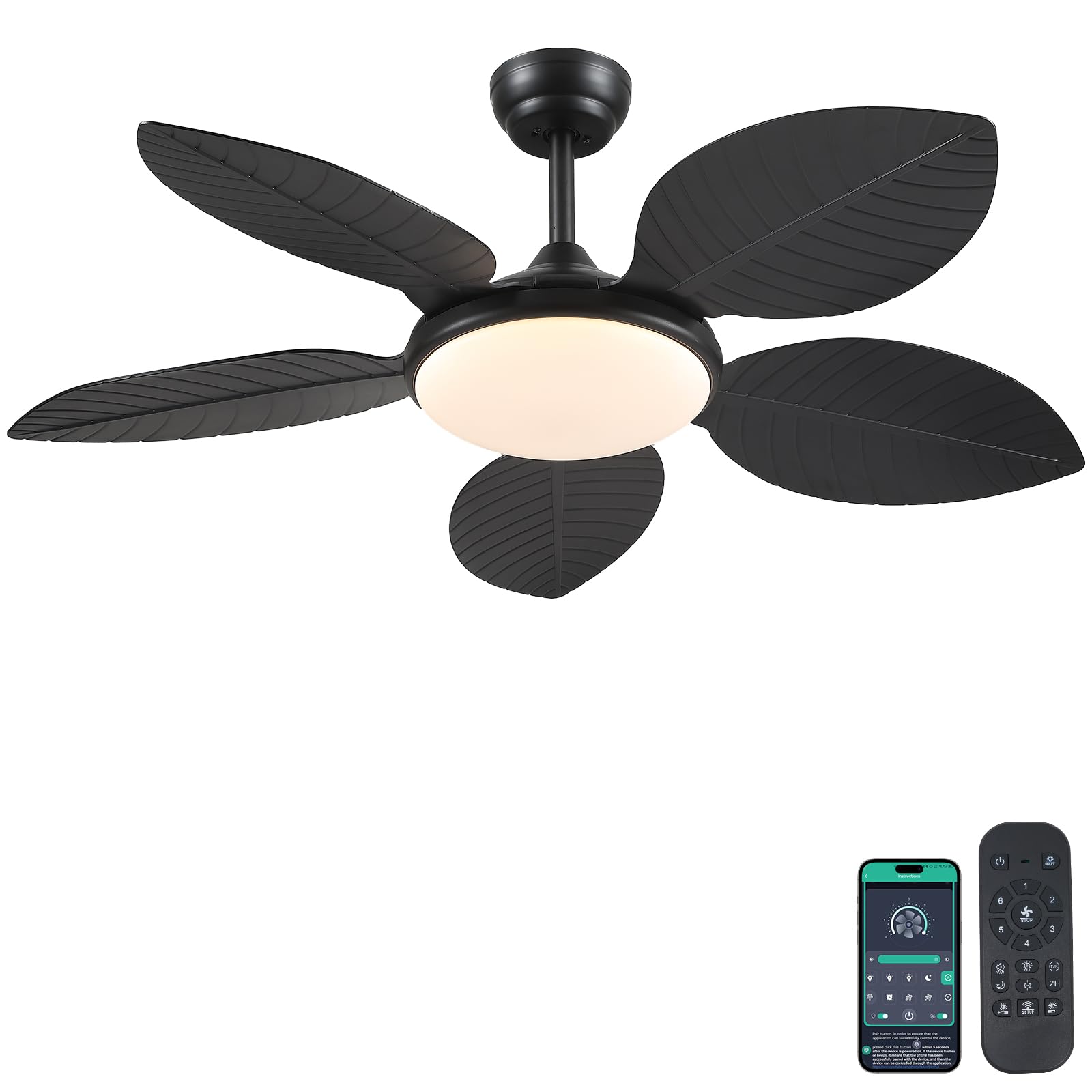 Photo 1 of Wiviniya Ceiling Fans with Lights and Remote/APP Control, 48 Inch Tropical Ceiling Fan for Bedroom Living Room, Outdoor Palm Leaf Ceiling Fan for Patios Porch, Dimmable, 6 Speeds, Reversible, Black