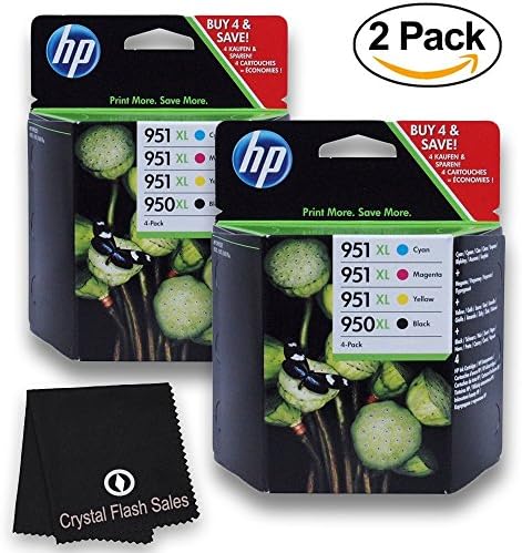 Set of 2 HP Genuine Ink 950 XL 951 XL Four Pack- Black & Color combo + Bonus Cleaning Cloth for Printer