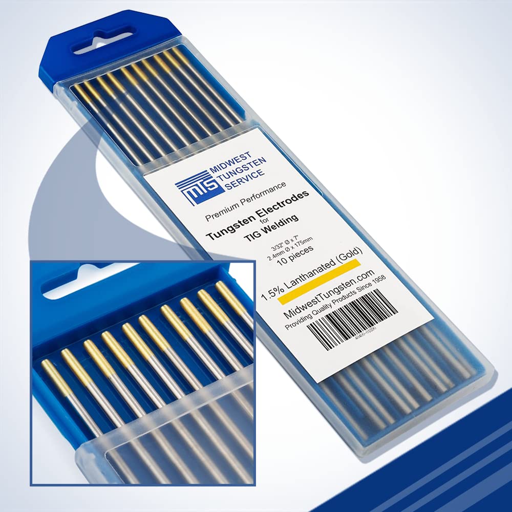 TIG Welding Tungsten Electrodes 1.5% Lanthanated 3/32 x 7 (Gold, WL15) 10-Pack by Midwest Tungsten Service