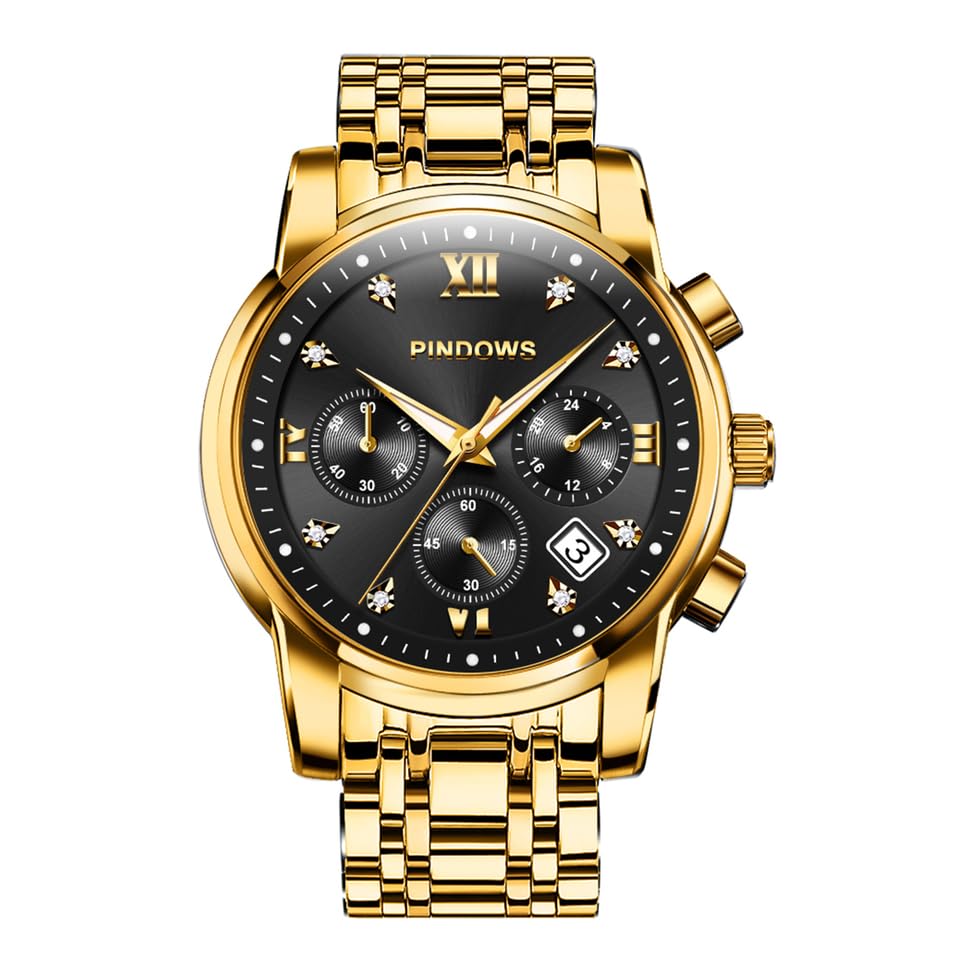PINDOWS Men's Diamond Business Dress Style Analog Quartz Movement Luxury Waterproof Wrist Watch Luminous Hands Date Display Two Tone Stainless Steel Band Classic Fashion Men's Watch