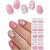 AutyaMee Semi Cured Gel Nail Strips (Violet), Pink Flower, 20 Pcs Gel Nail Wraps, Stickers, Salon Quality, Long Lasting, Works with Any UV Lamps