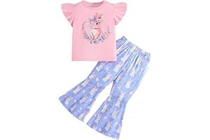 OXUBOAO Toddler Girls Easter Outfit Kids Bunny Floral Tops + Flared Pants Set Puffed Sleeves Causal Clothing 2Pcs