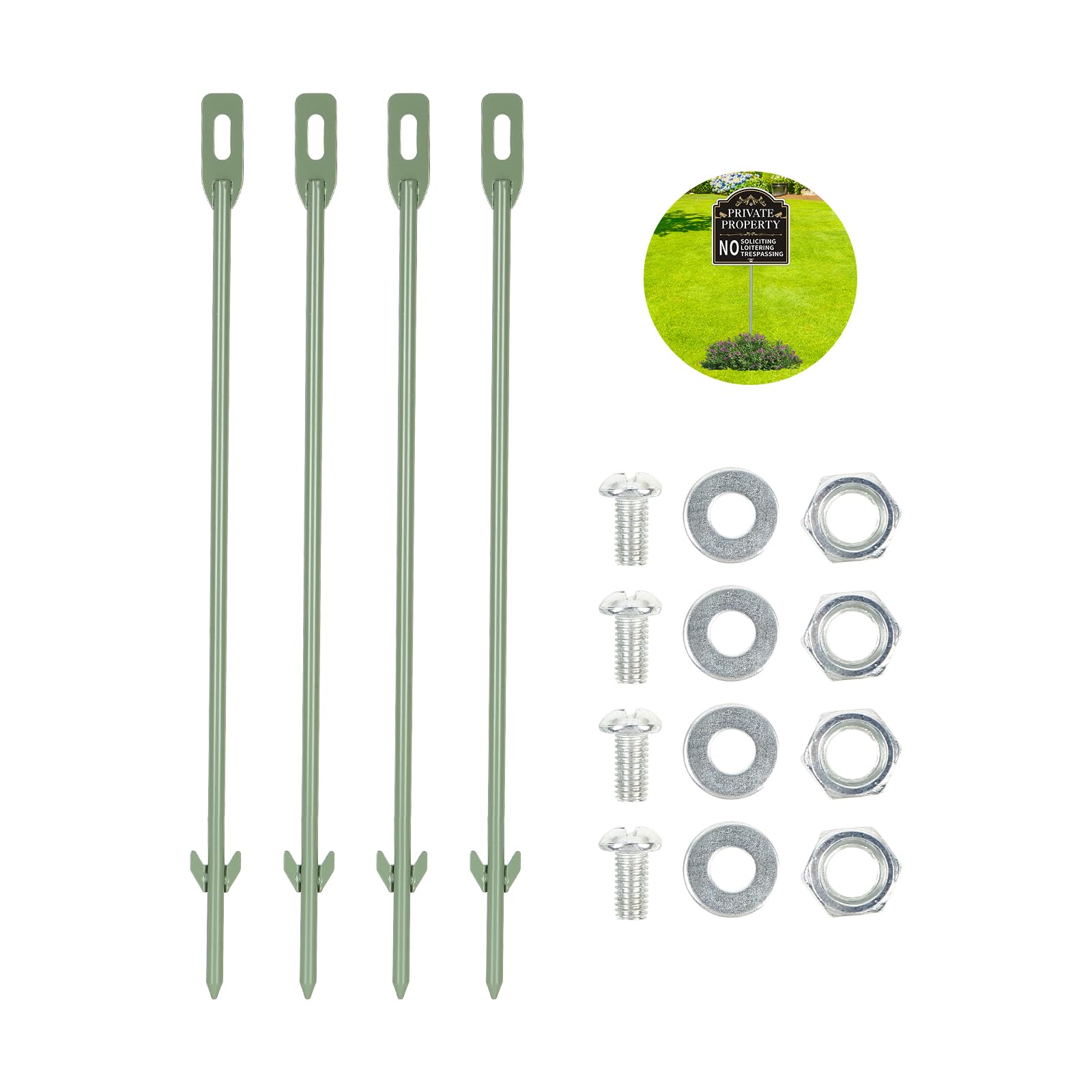 4pcs Yard Sign Stakes Metal Garden Stakes for Garden Signs Tent Pegs, 16.54" long / 0.315-inch Heavy Duty Garden Timber Railway Sleeper Brackets And Fixings, hardware included (4, Green)