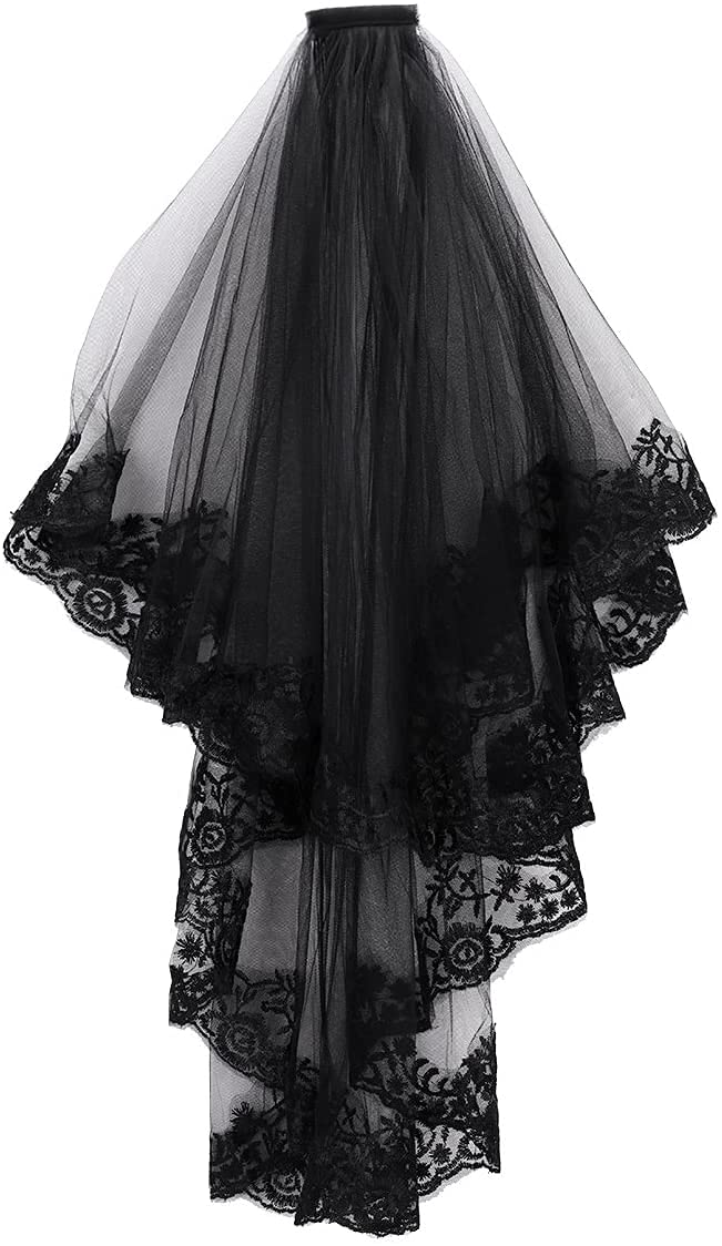 Halloween Black Corpse Bridal Veil with Comb Clip Gothic Lace Wedding Veil 2 Tier Day of the Dead Headpiece Elegant Fascinator Headband, Embroidered Floral Edge Design